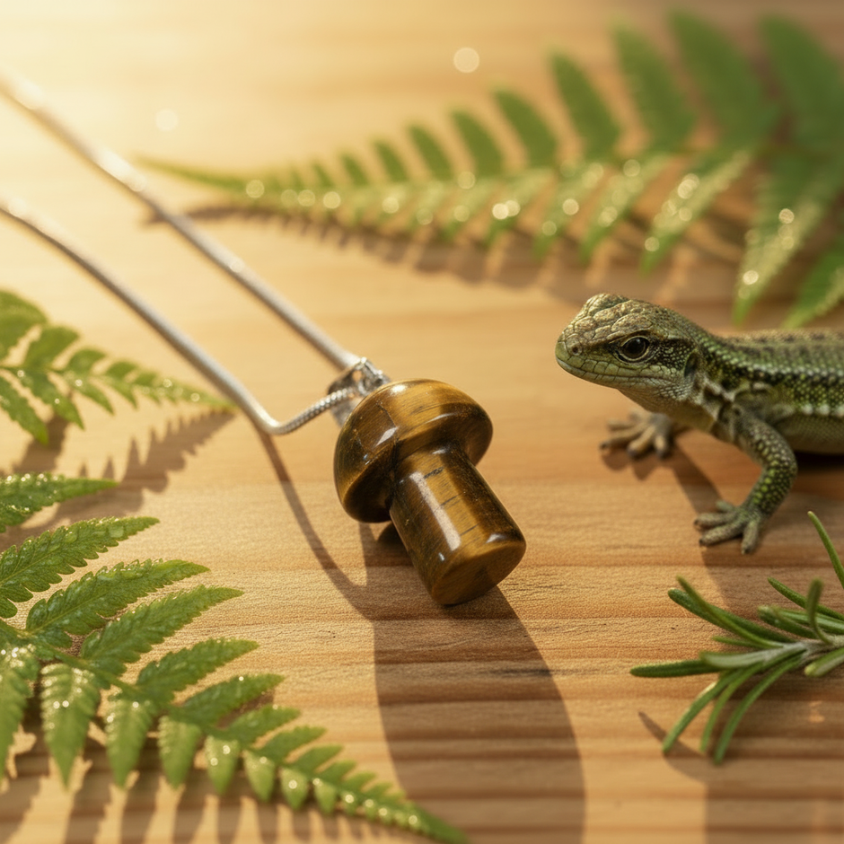 Tiger's Eye Mushroom Pendant – Wooden Surface + Lizard