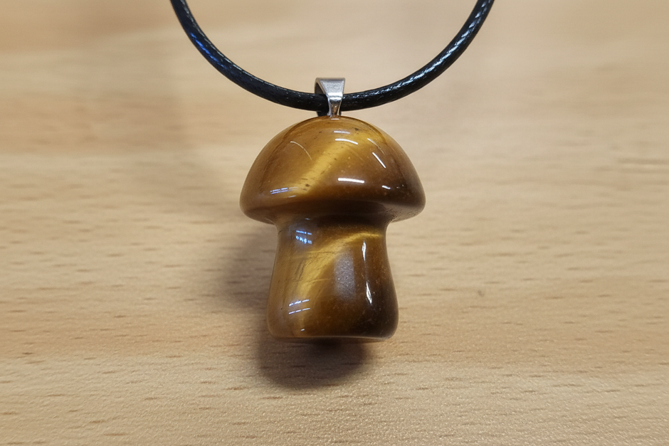 Tiger's Eye Mushroom Pendant – Wooden Surface