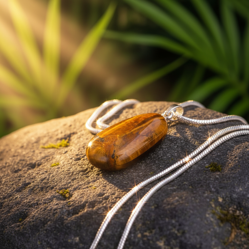 Tiger's eye pendant with silver snake chain on rock in sunlight - version 2