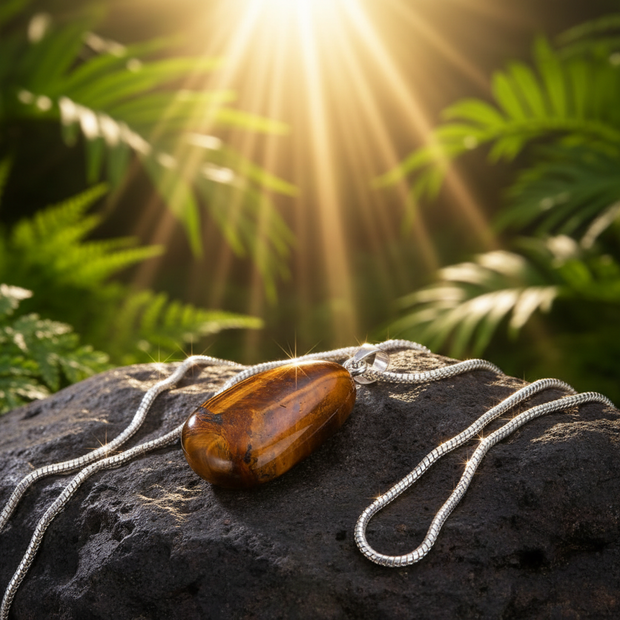 Tiger's eye pendant with silver snake chain on rock in sunlight - version 3