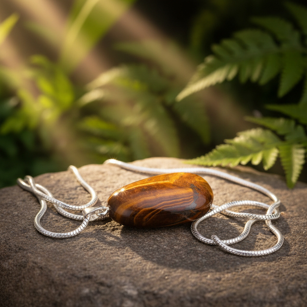 Tiger's eye pendant with silver snake chain on rock in sunlight