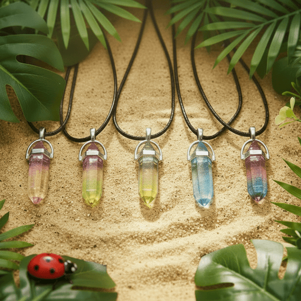 Tri-Colour Crystal Prism Pendant Black Leather Cord Necklace - DP Online