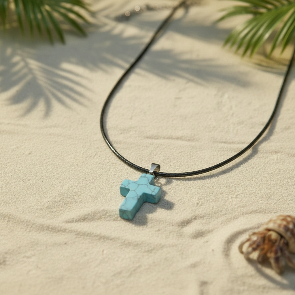 Turquoise Howlite cross close-up with chain