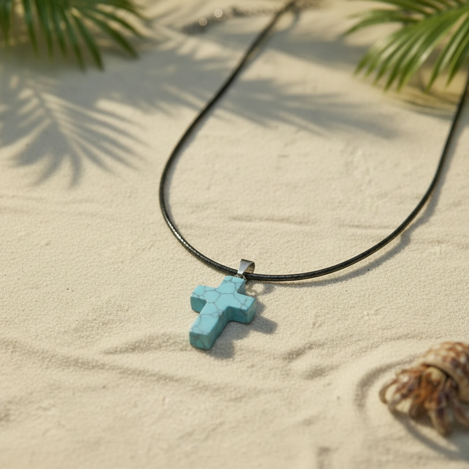 Turquoise Howlite cross close-up with chain