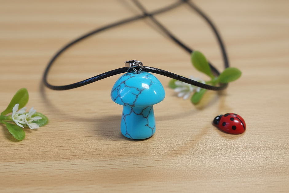 Turquoise Mushroom Pendant – Wooden Surface