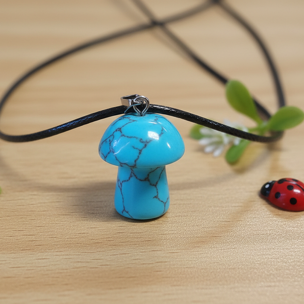 Turquoise Mushroom Pendant – Wooden Surface