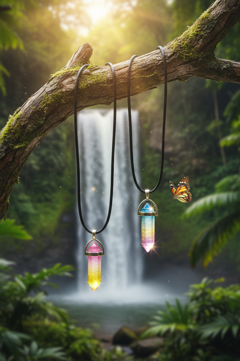 Two Crystal Pendants Hanging from Branch - Waterfall Background