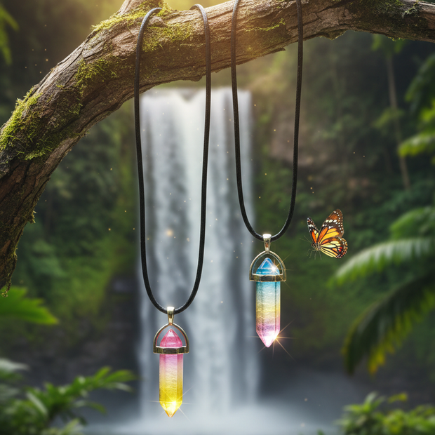 Two Crystal Pendants Hanging from Branch - Waterfall Background