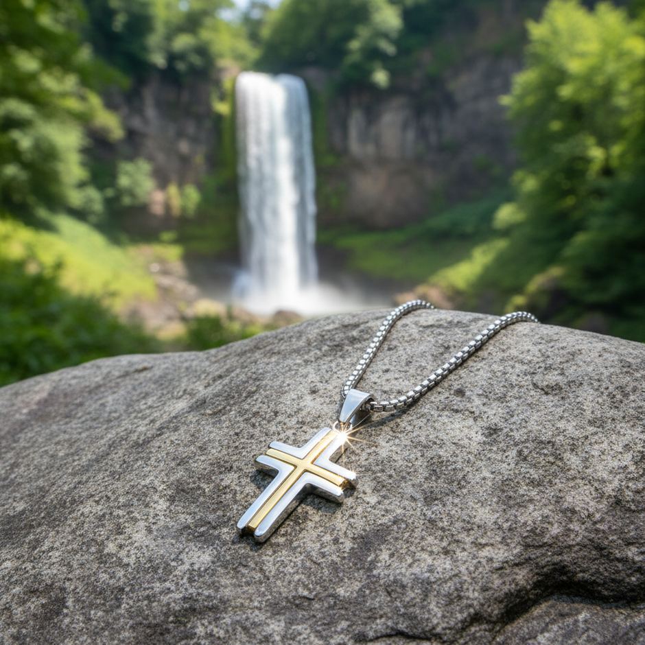 Two-Tone Cross Pendant on Rock with Waterfall