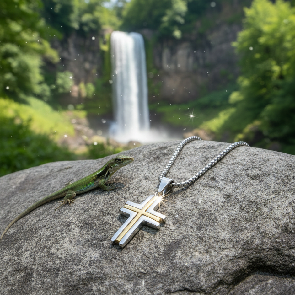 Two-Tone Cross Pendant with Lizard