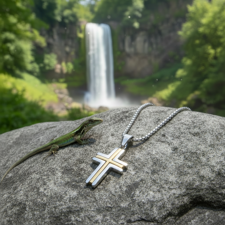 Two-Tone Cross Pendant with Reduced Lighting