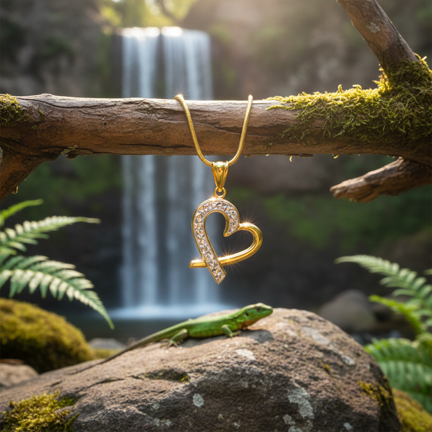 Two-tone heart pendant with lizard and waterfall