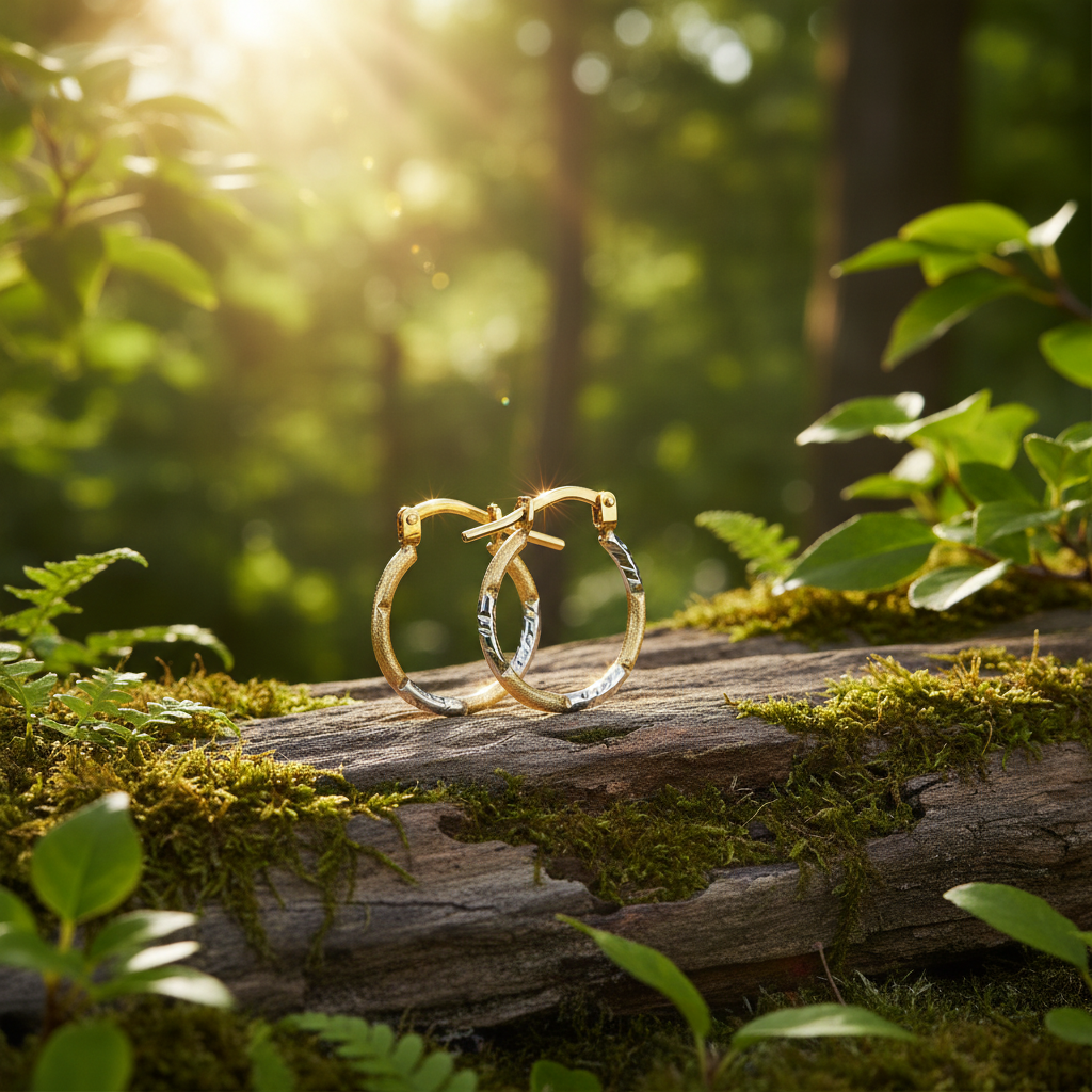 Two-tone hoop earrings on rock with natural greenery
