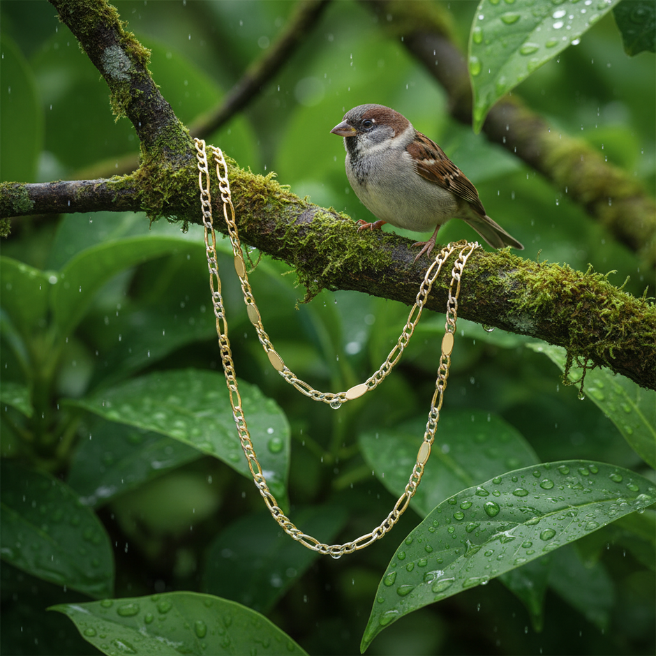 Two-toned figaro chain with sparrow and water droplets