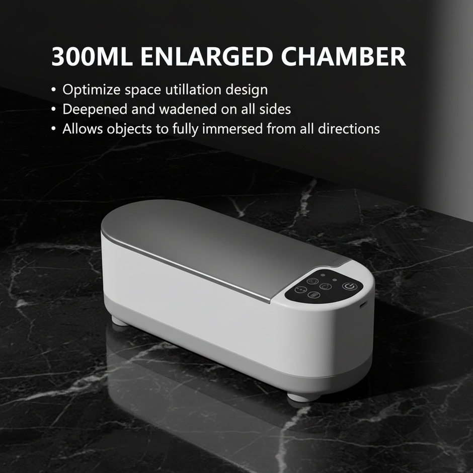 Ultrasonic Cleaner — 300ML Enlarged Chamber Infographic