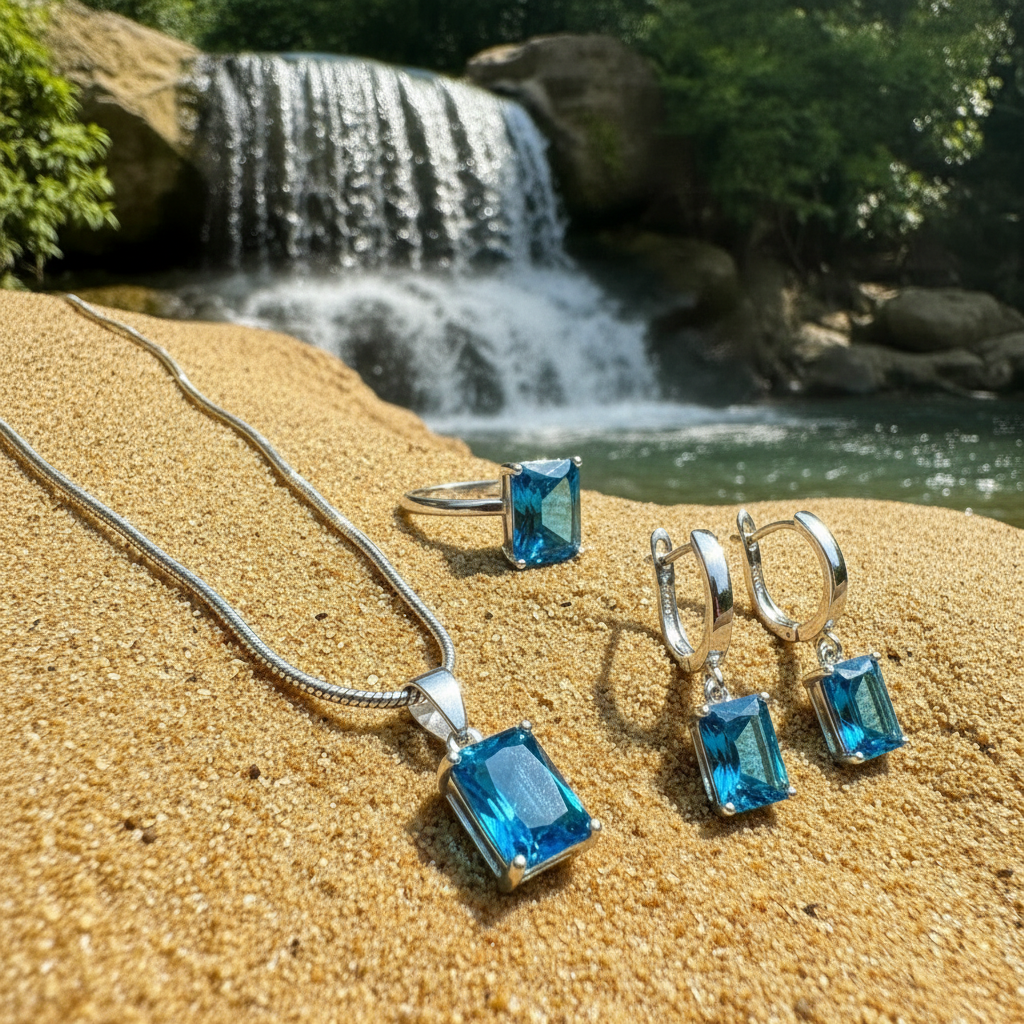Vibrant Blue Jewellery on Sand by Waterfall
