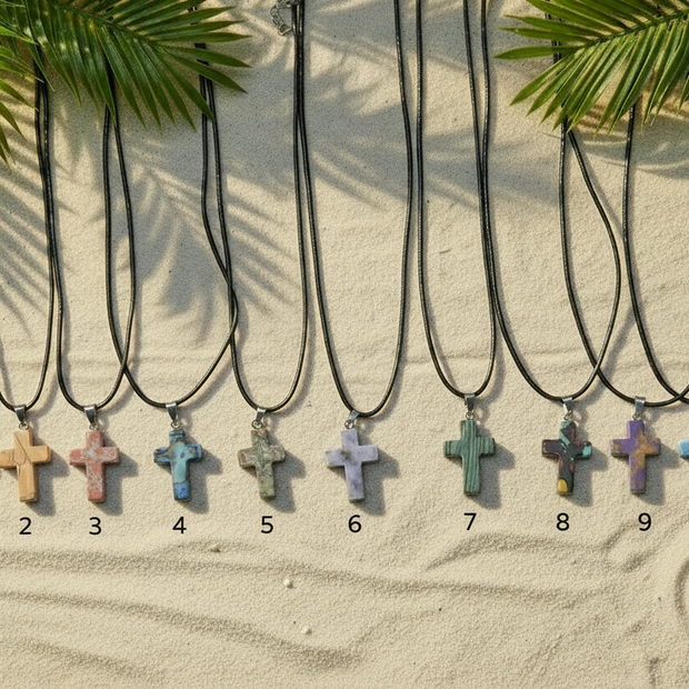 Vibrant cross necklaces beach scene