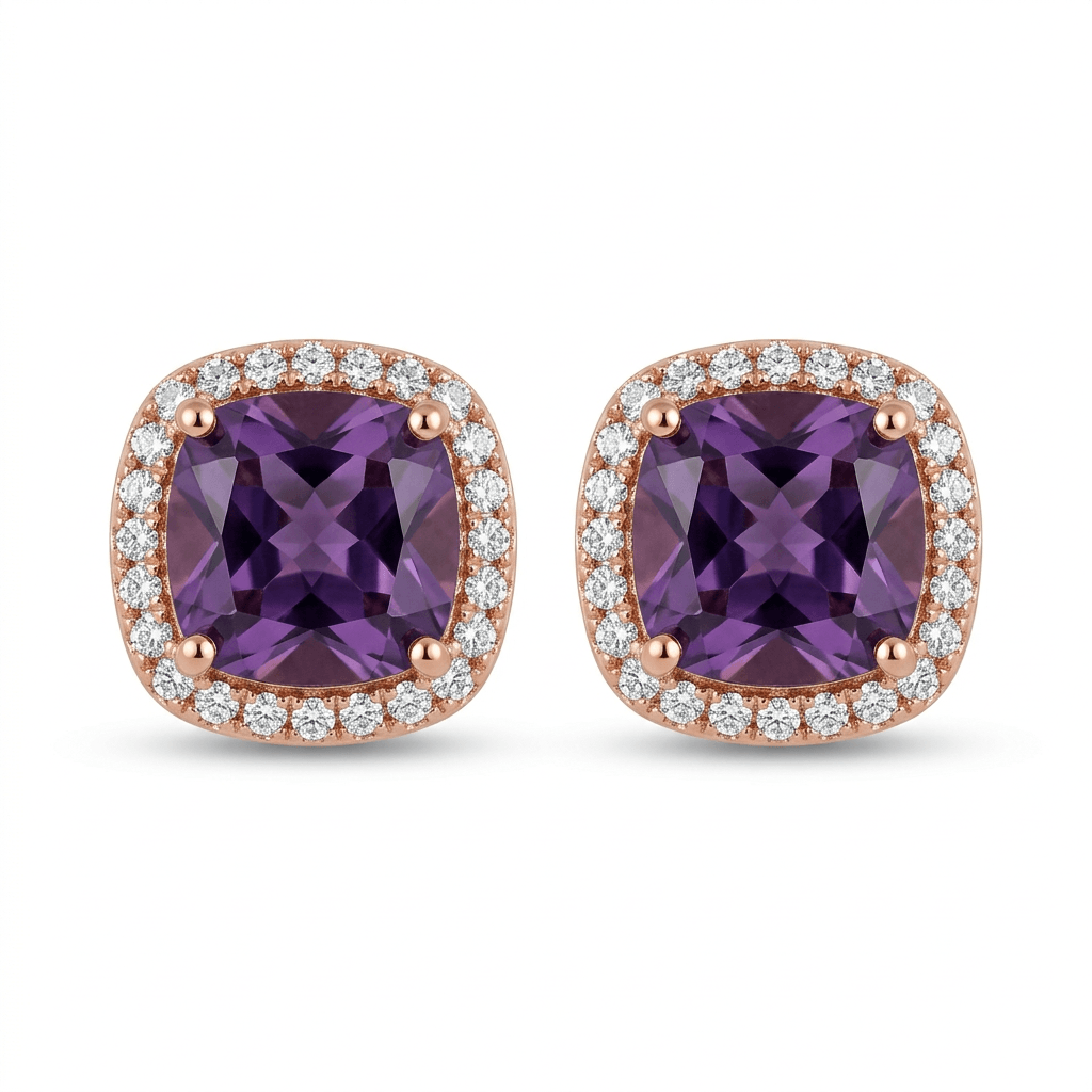 18ct Rose Gold 1ct Purple Moissanite Square Stud Earrings