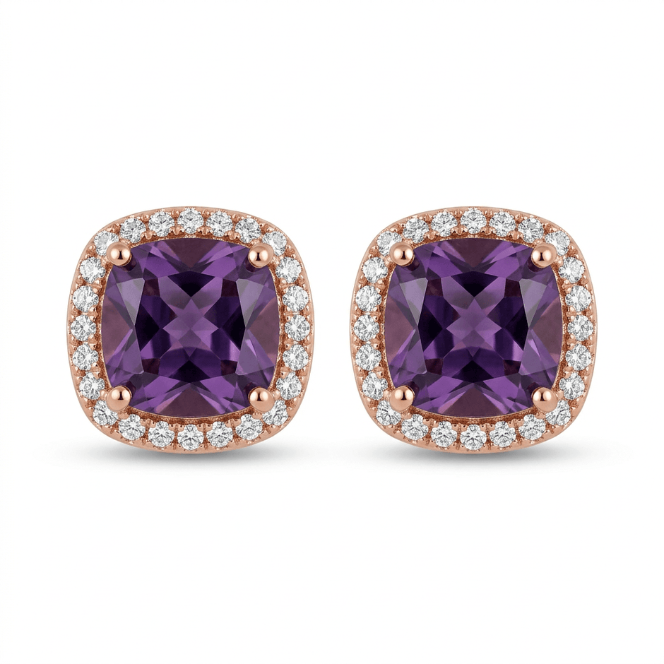 18ct Rose Gold 1ct Purple Moissanite Square Stud Earrings