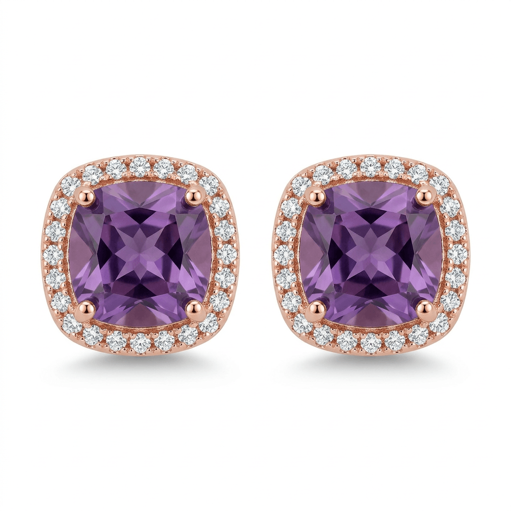 18ct Rose Gold 1ct Purple Moissanite Square Stud Earrings