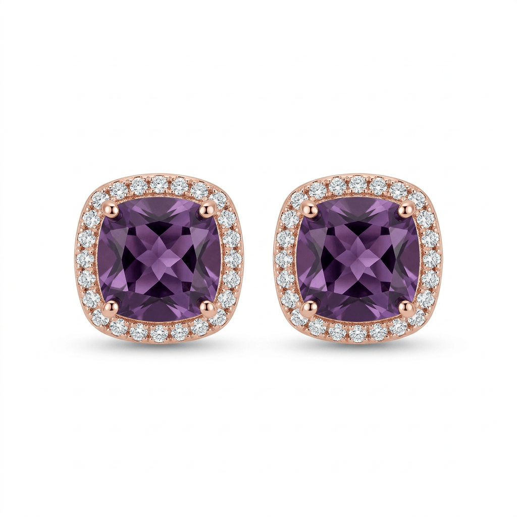 18ct Rose Gold 1ct Purple Moissanite Square Stud Earrings