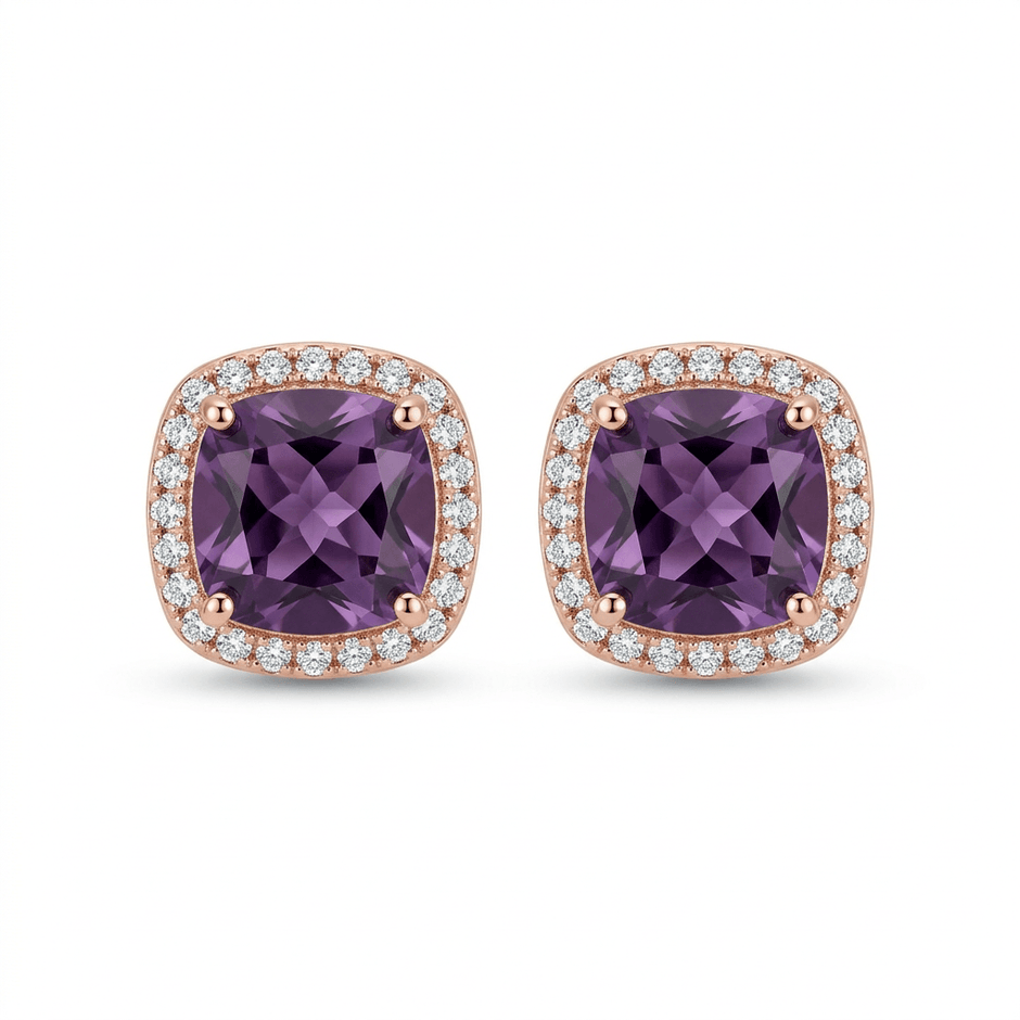 18ct Rose Gold 1ct Purple Moissanite Square Stud Earrings