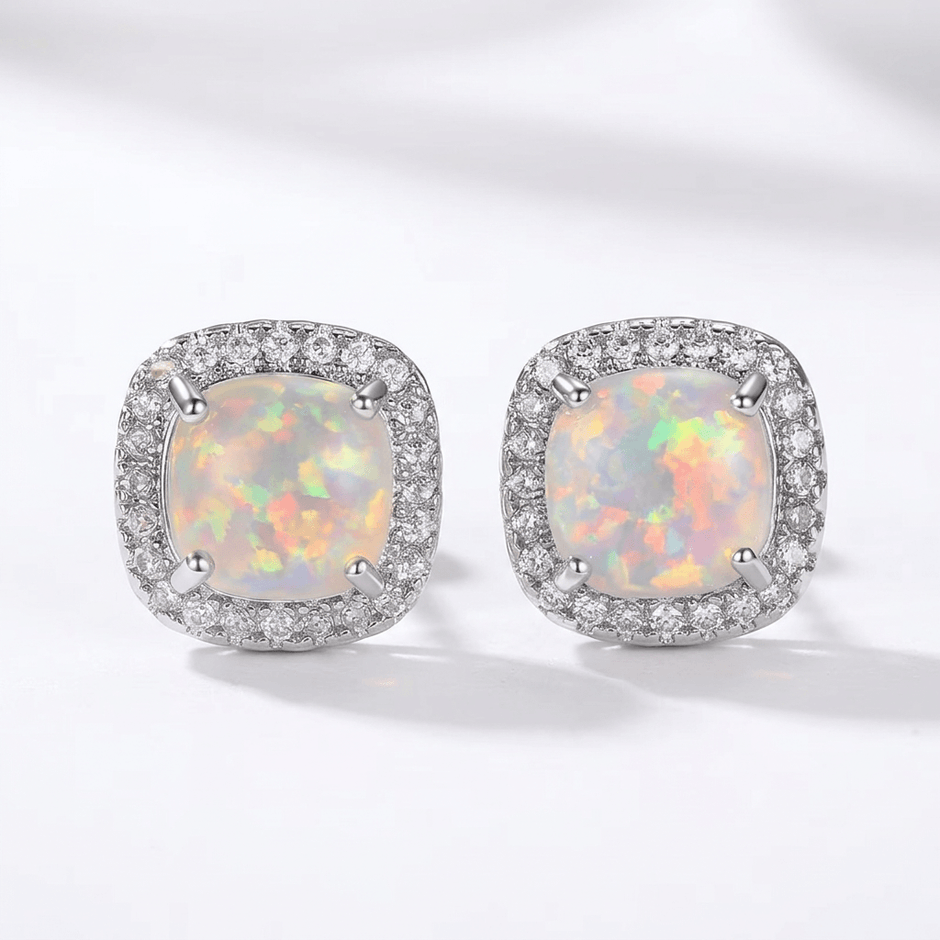 18ct White Gold 10mm Square White Fire Opal Stud Earrings
