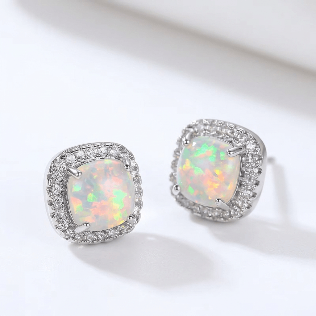 18ct White Gold 10mm Square White Fire Opal Stud Earrings