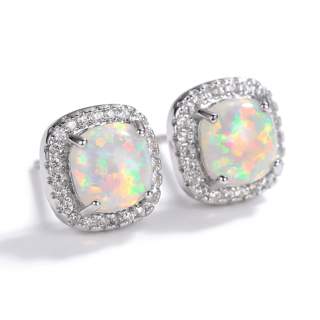 18ct White Gold 10mm Square White Fire Opal Stud Earrings