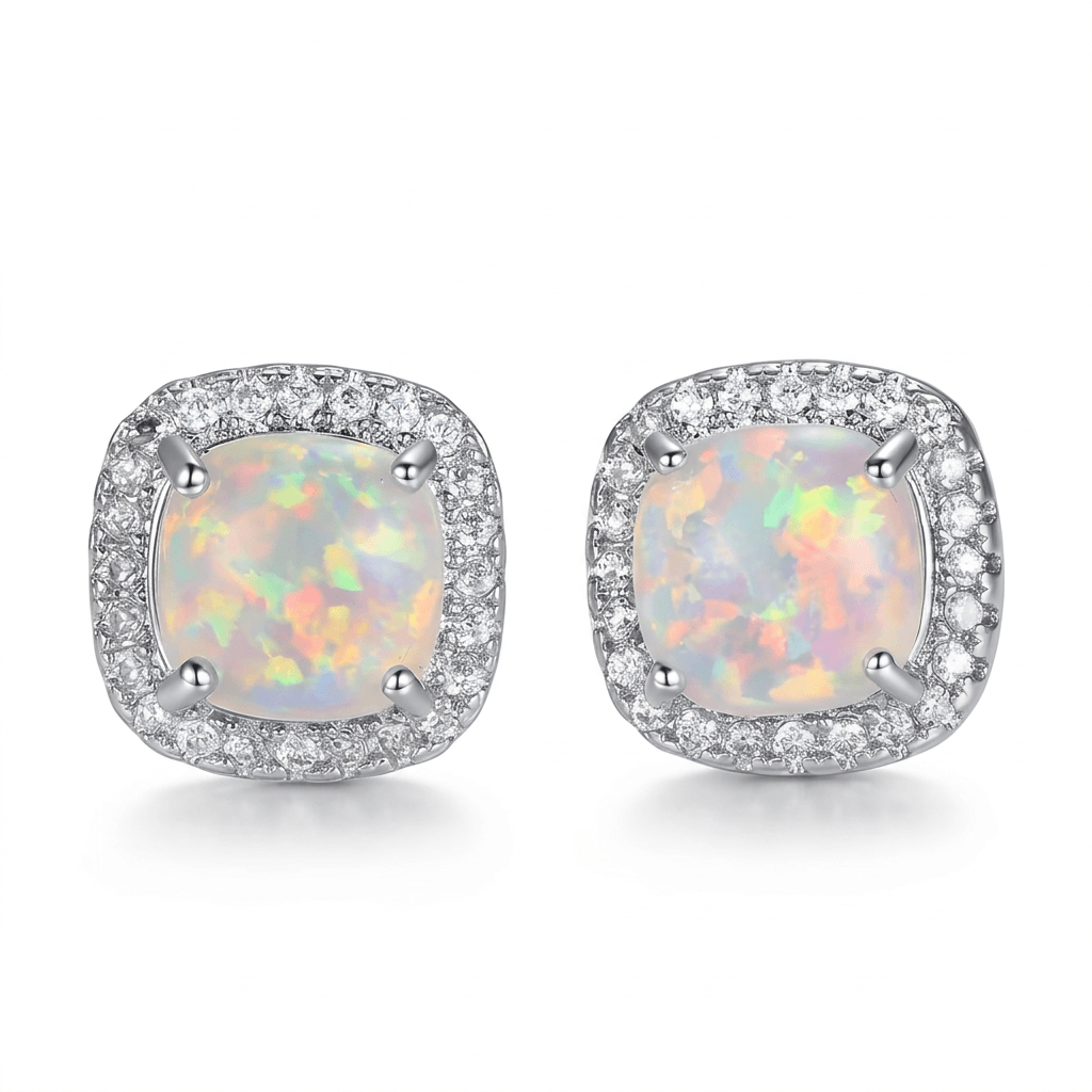 18ct White Gold 10mm Square White Fire Opal Stud Earrings