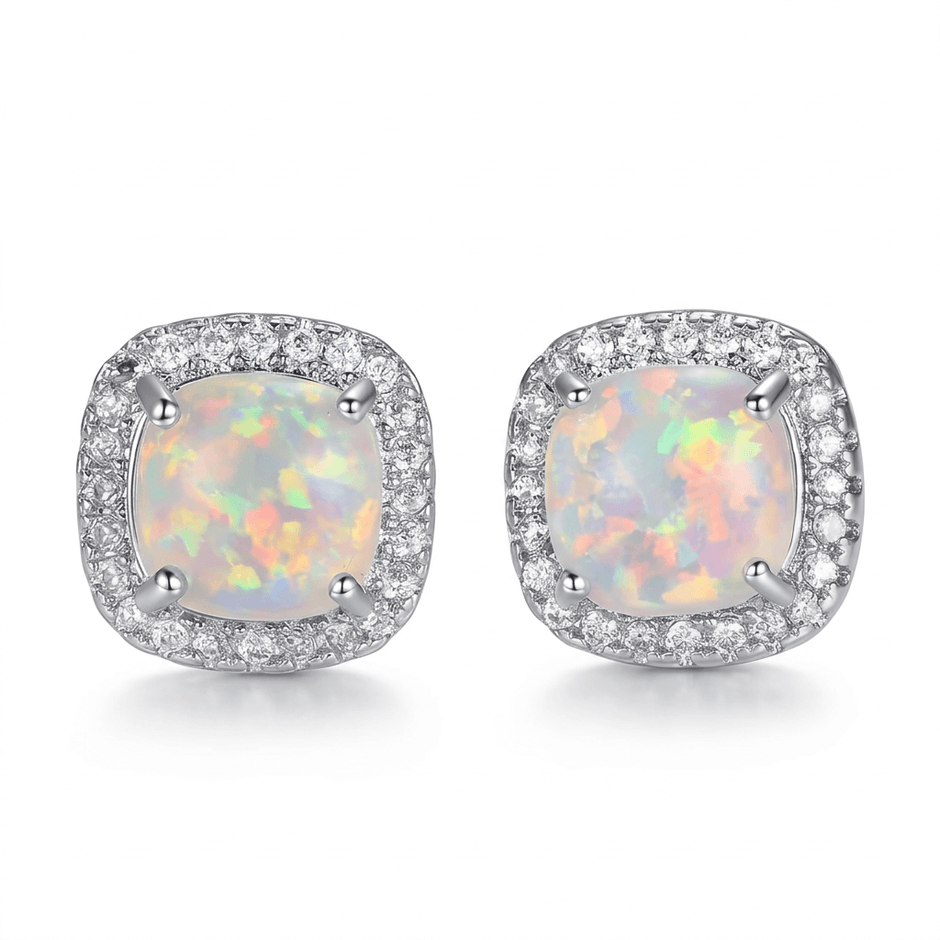 18ct White Gold 10mm Square White Fire Opal Stud Earrings