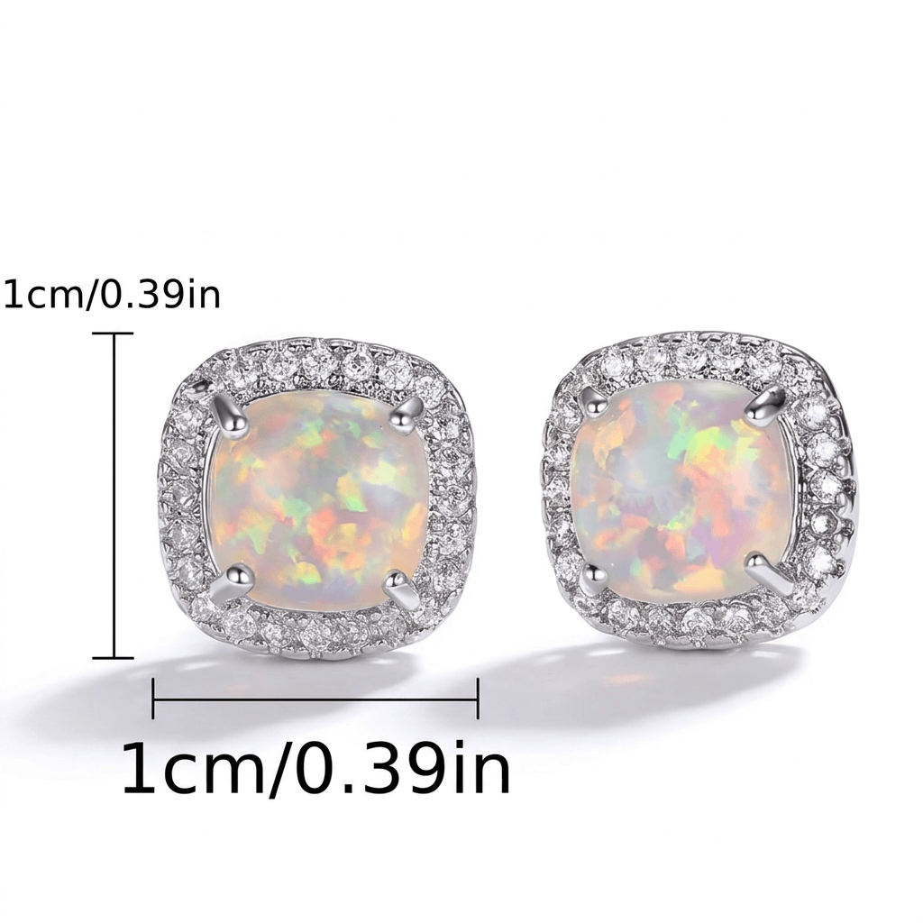 18ct White Gold 10mm Square White Fire Opal Stud Earrings