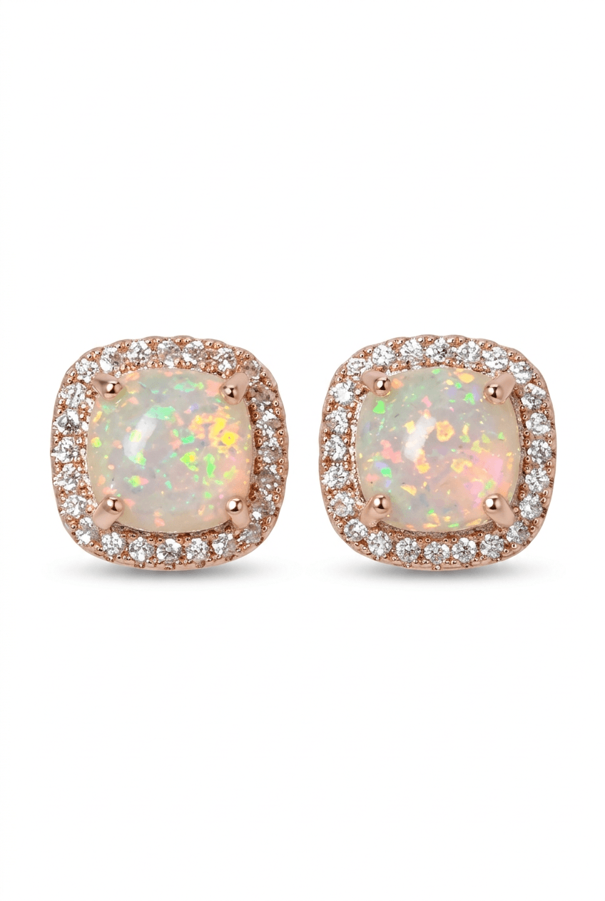18ct Rose Gold 10mm Square White Fire Opal Moissanite Stud Earrings