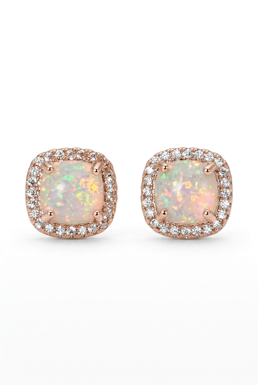 18ct Rose Gold 10mm Square White Fire Opal Moissanite Stud Earrings