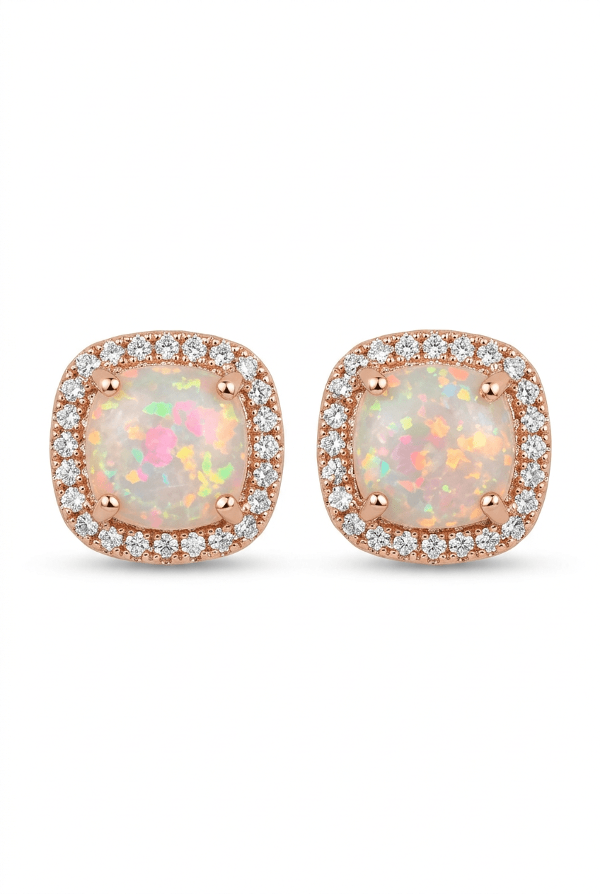 18ct Rose Gold 10mm Square White Fire Opal Moissanite Stud Earrings
