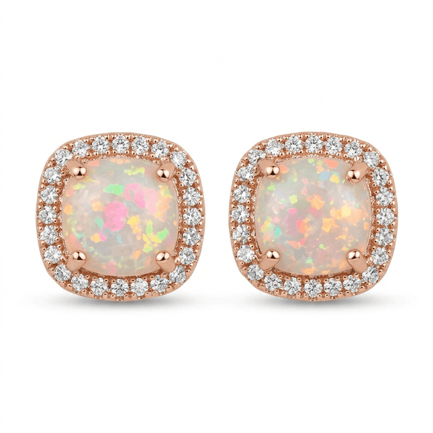 18ct Rose Gold 10mm Square White Fire Opal Moissanite Stud Earrings