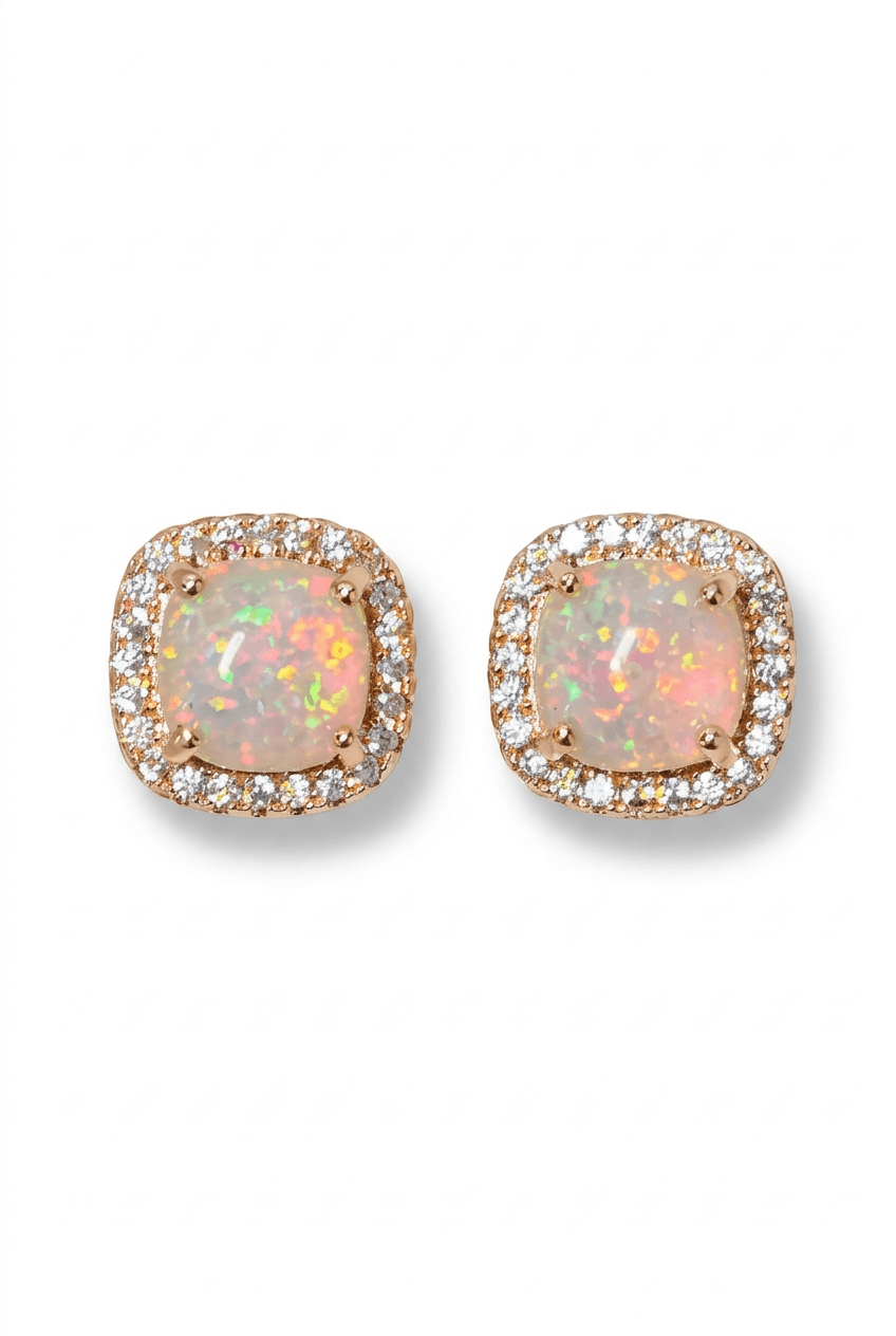 18ct Rose Gold 10mm Square White Fire Opal Moissanite Stud Earrings