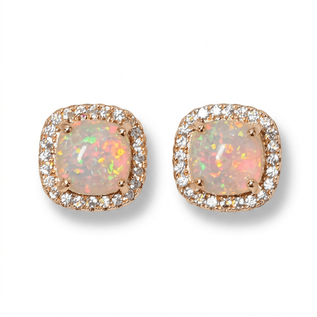 18ct Rose Gold 10mm Square White Fire Opal Moissanite Stud Earrings