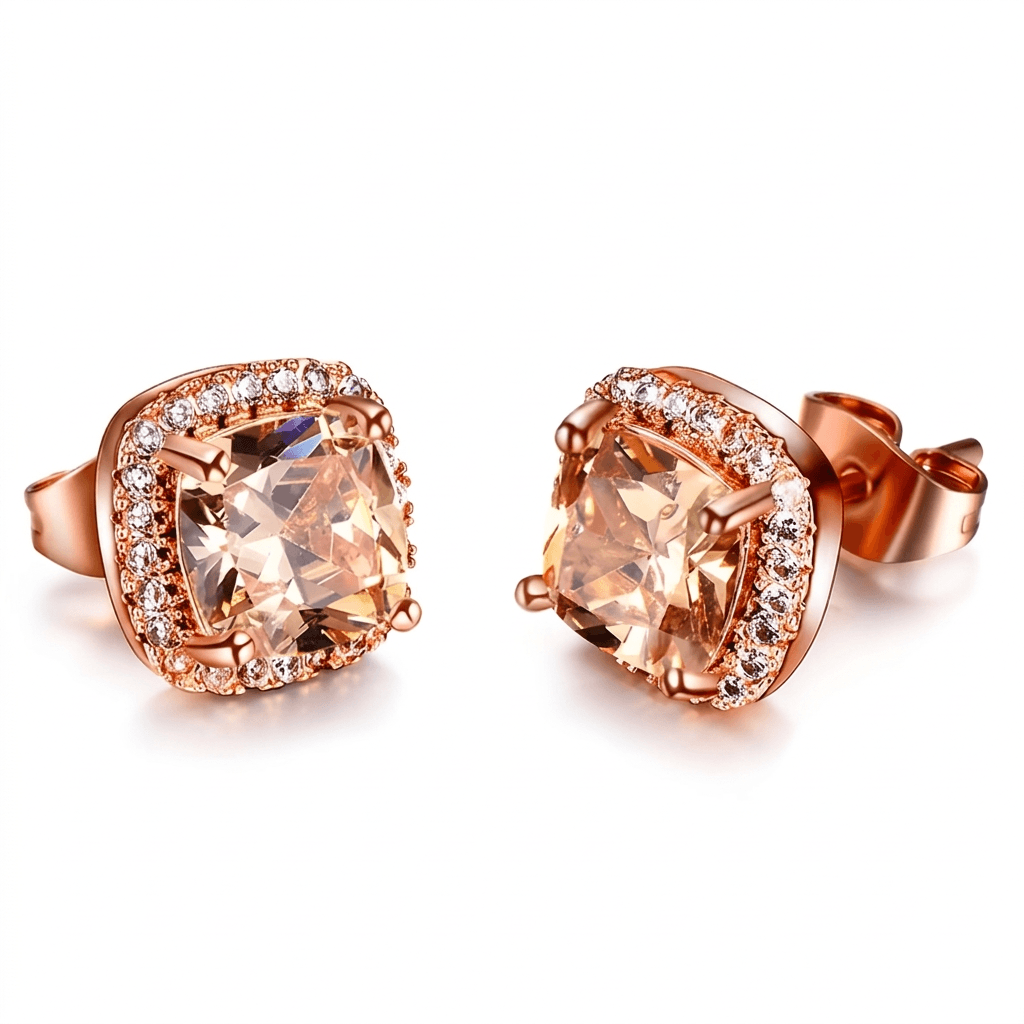 18ct Gold 1ct Champagne Moissanite Square Stud Earrings