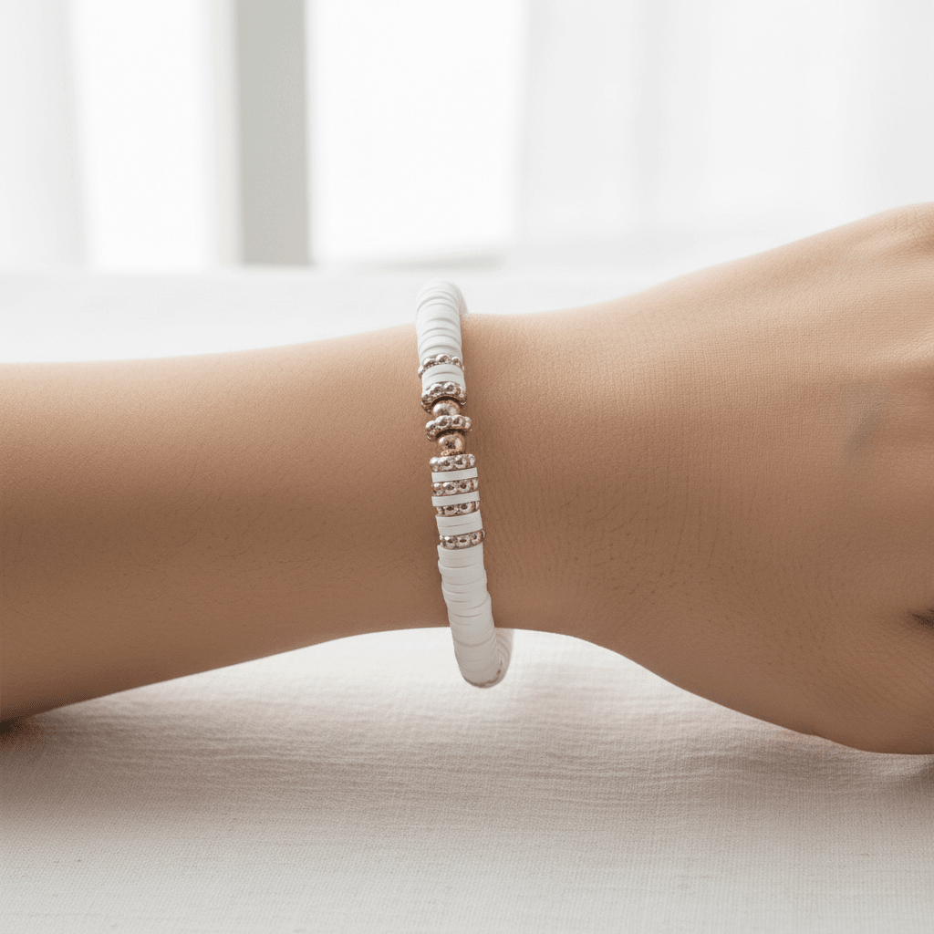 White Clay Heishi Discs & Gold Ring Stretch Bracelet - DP Online