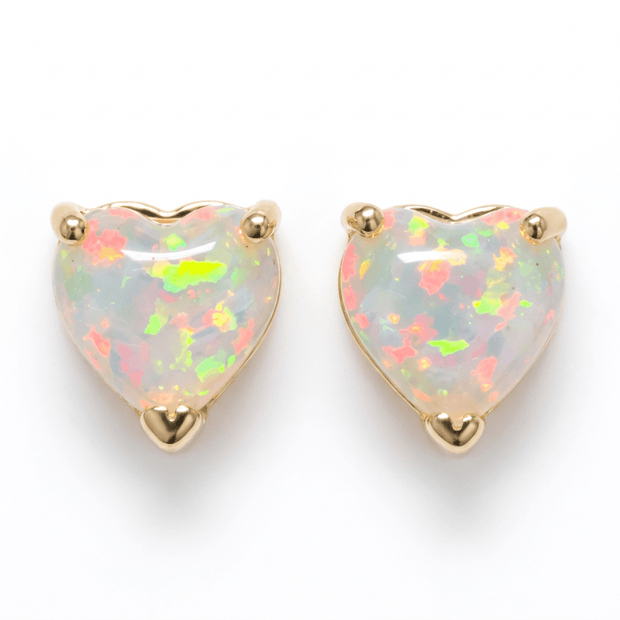 18ct Gold 6mm White Fire Opal Heart Stud Earrings