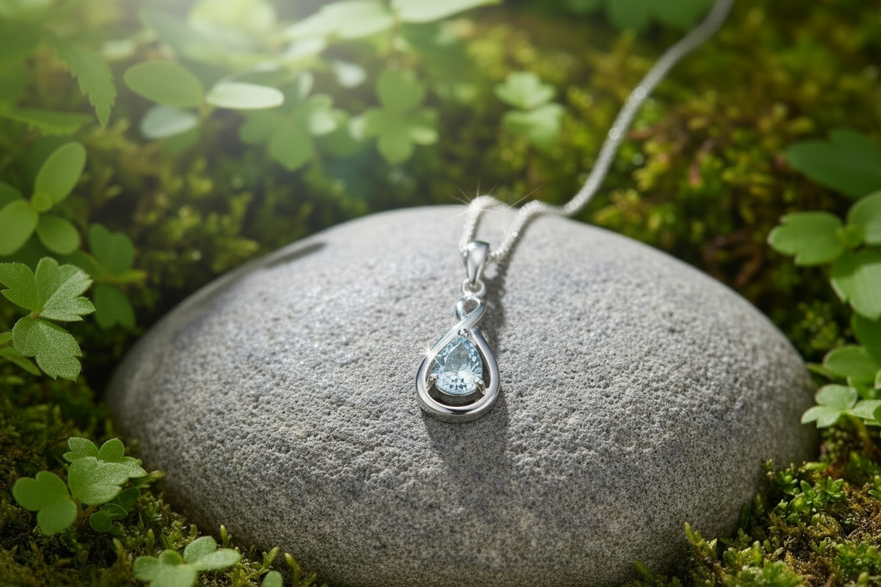 White gold aquamarine pendant facing forward with natural sparkle