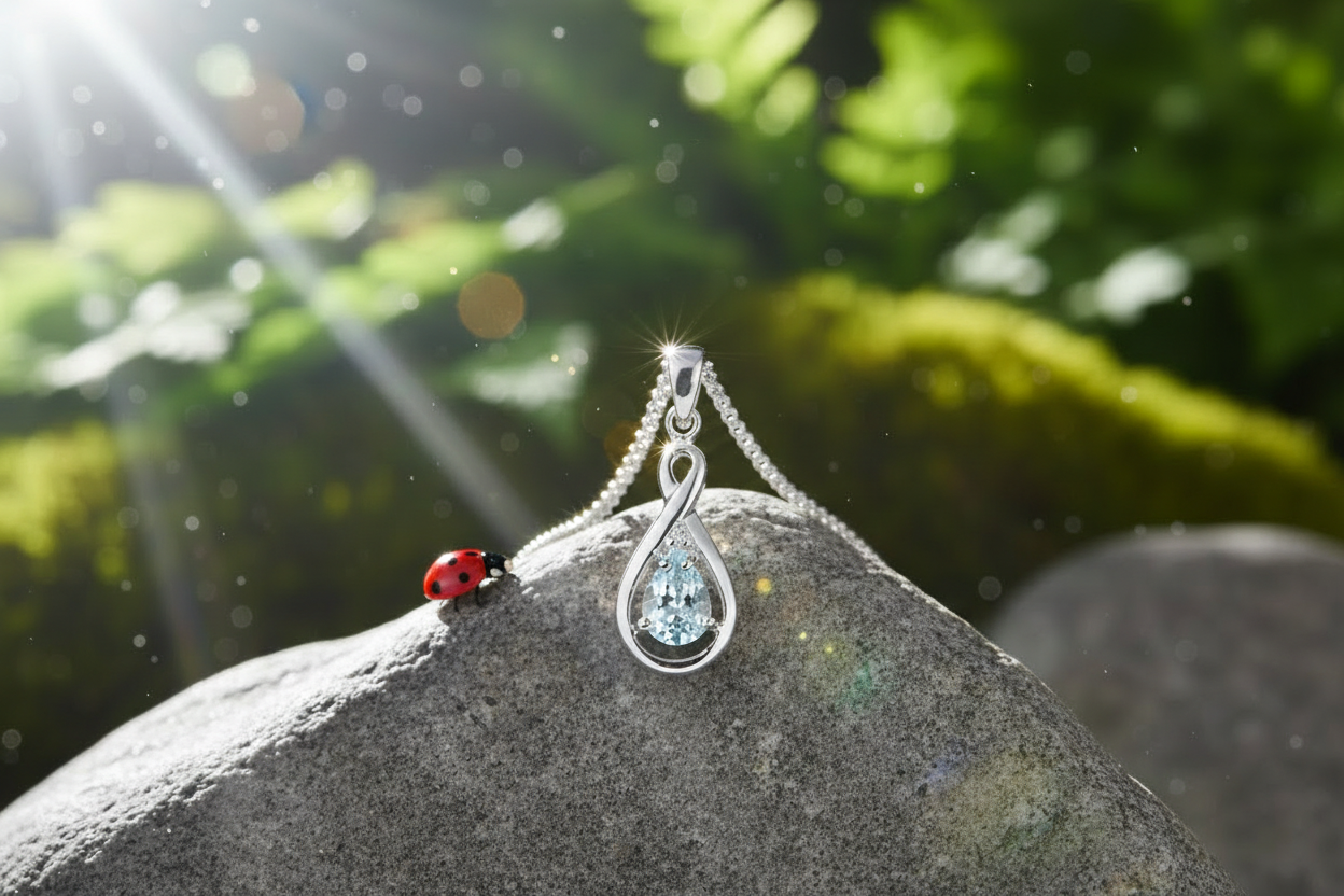 White gold aquamarine pendant with ladybug