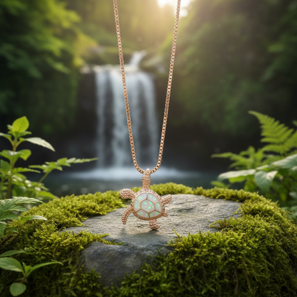 White Green Fleck Rose Gold Turtle Pendant