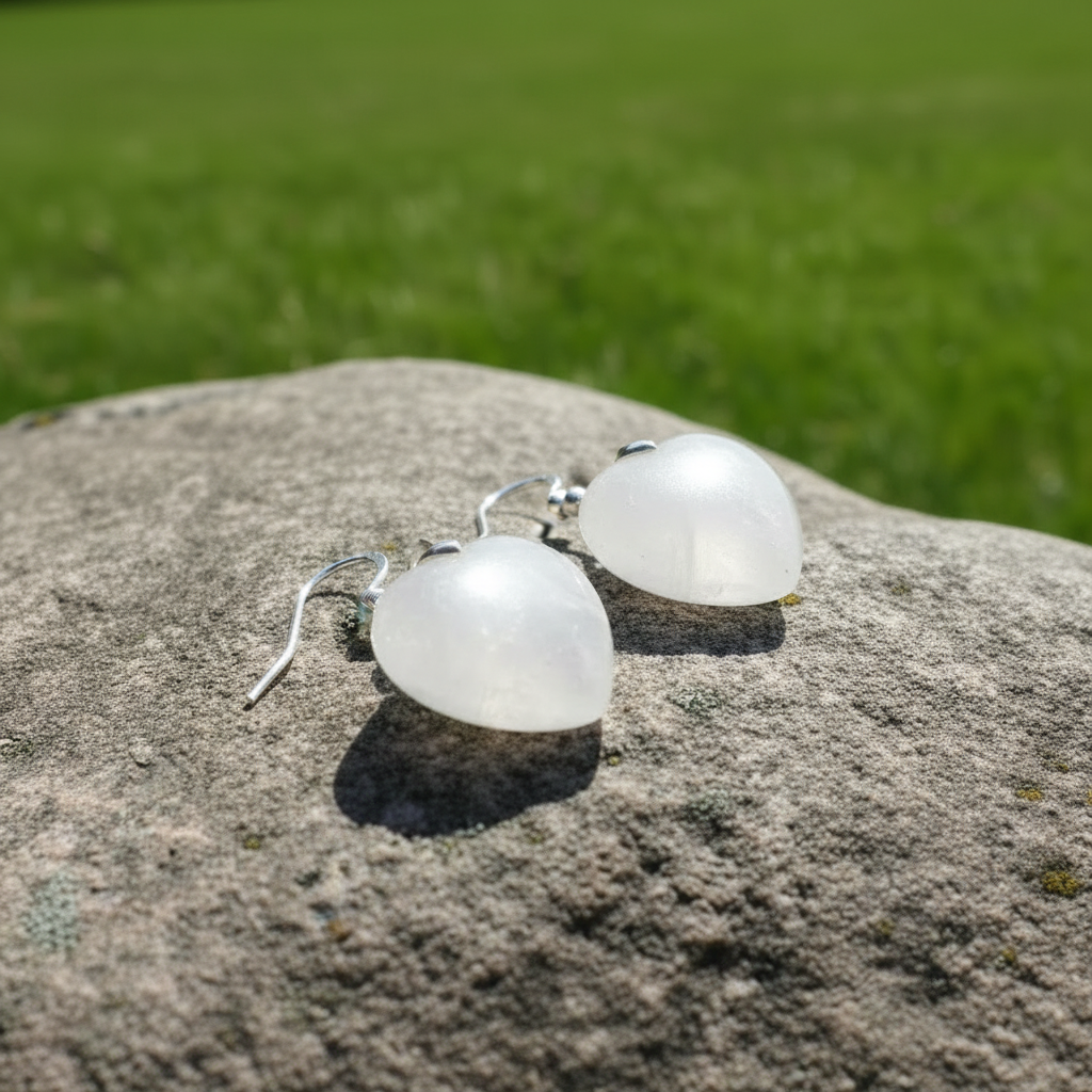 White Quartz Heart Earrings - Side Angle View