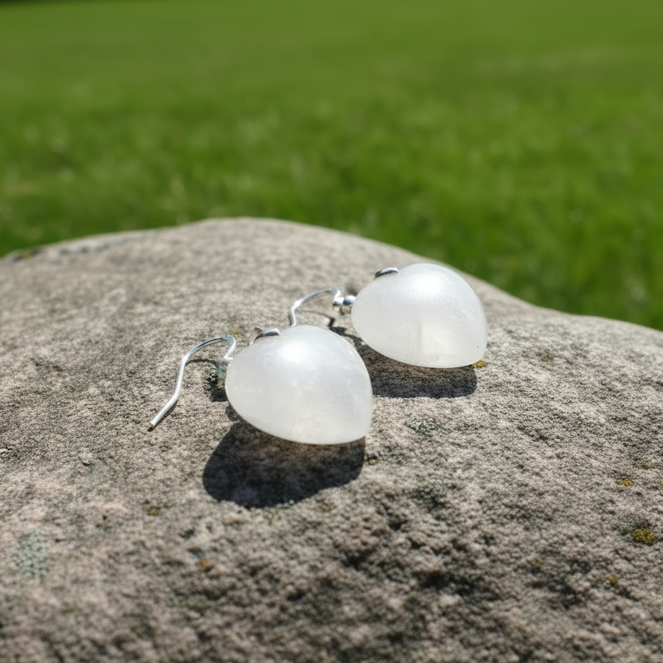 White Quartz Heart Earrings - Side Angle View