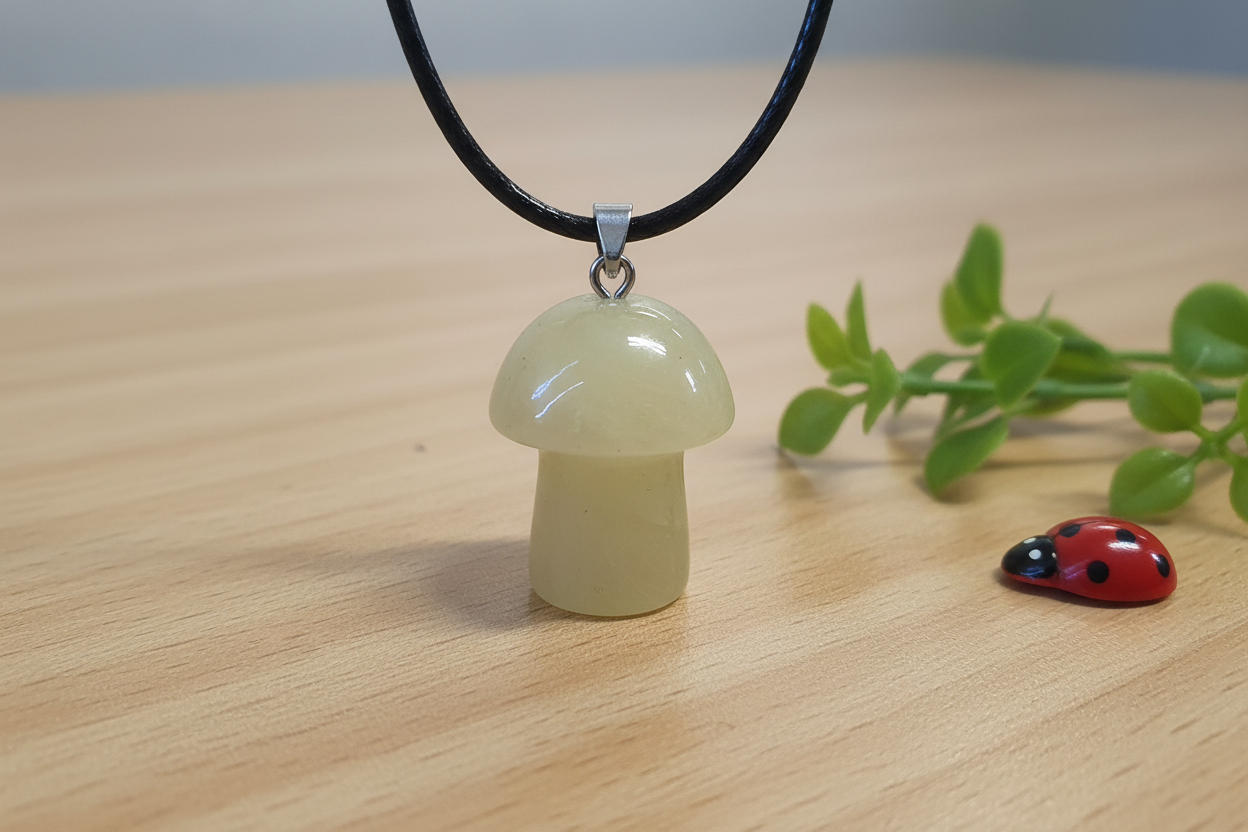 Yellow Aventurine Mushroom Pendant – Wooden Surface