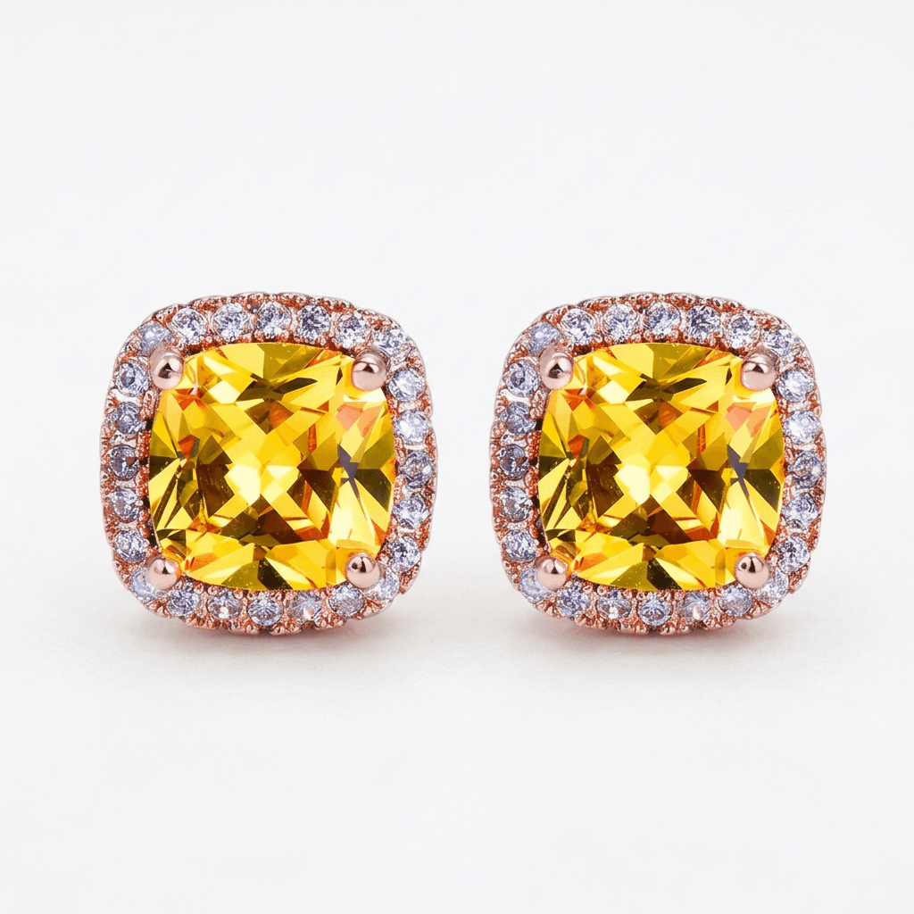 18ct Rose Gold 1ct Square Yellow Moissanite Stud Earrings