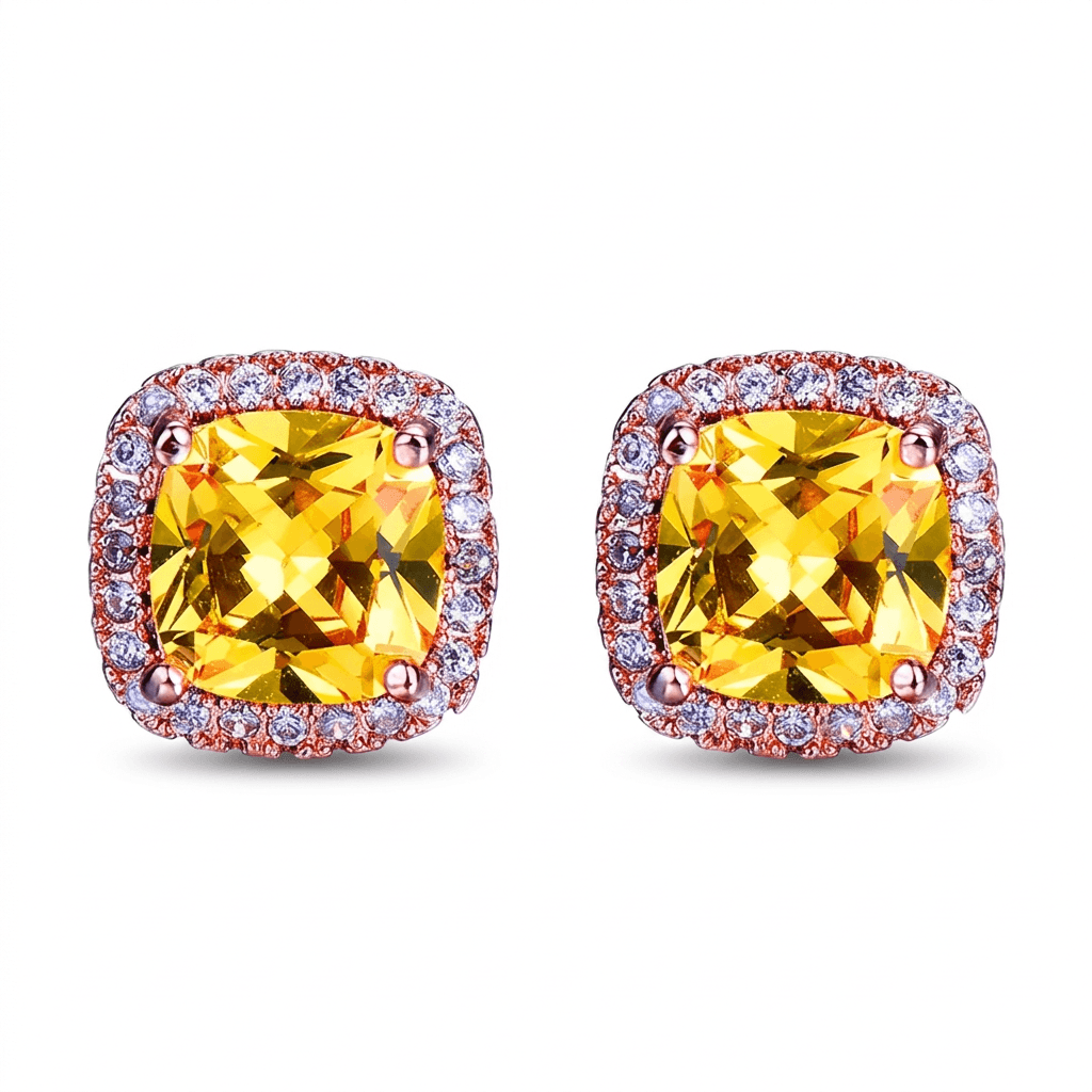 18ct Rose Gold 1ct Square Yellow Moissanite Stud Earrings