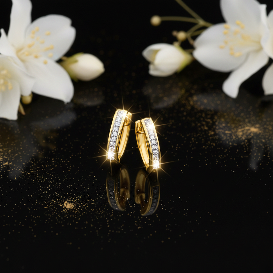 Yellow Gold CZ Huggie Hoops – V3 Dust + Florals